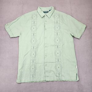 Cubavera‎ Linen Blend Button Up Shirt Men's M Green Short Sleeve Diamond Pattern